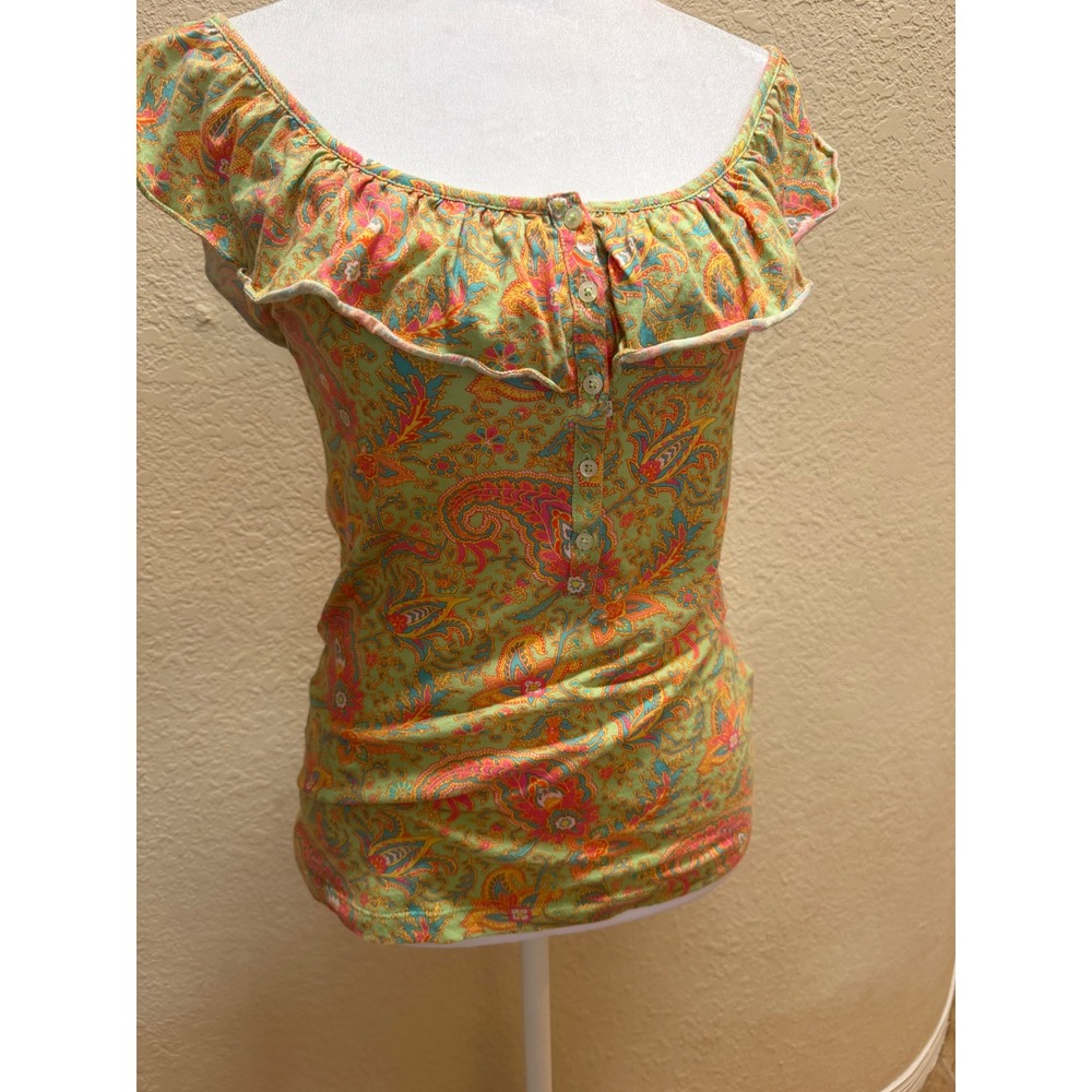 Lauren Ralph Lauren Paisley Ruffle Henley Top Green Pink XS Cotton Short Sleeve